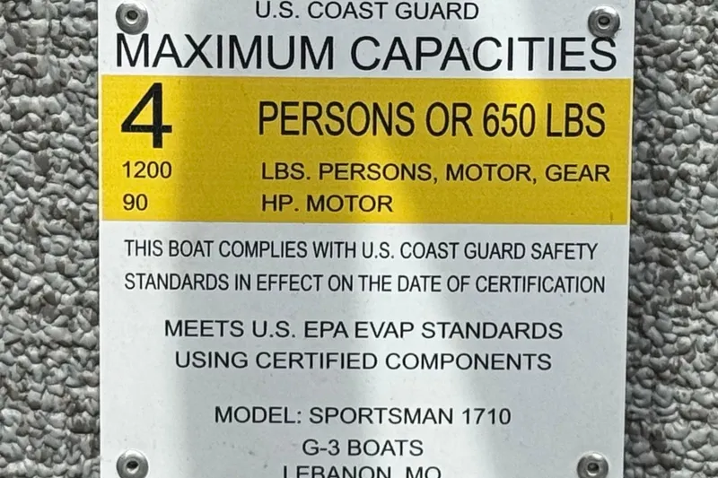 Slide: The Image of 2024 G3 Sportsman 1710 capacity plate: 4 persons, 650 lbs, 90 HP motor. - 22
