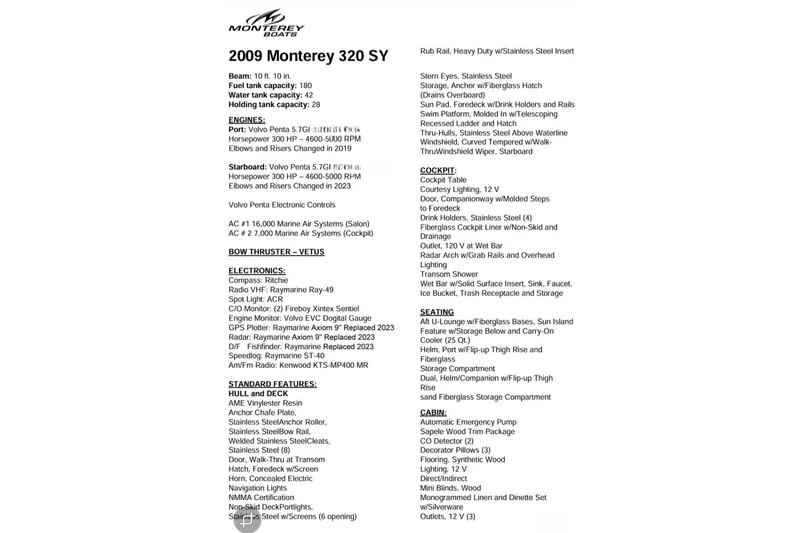 Slide: The Image of 2009 Monterey 320 Sport Yacht specifications and features list, including engine and electronics details. - 63