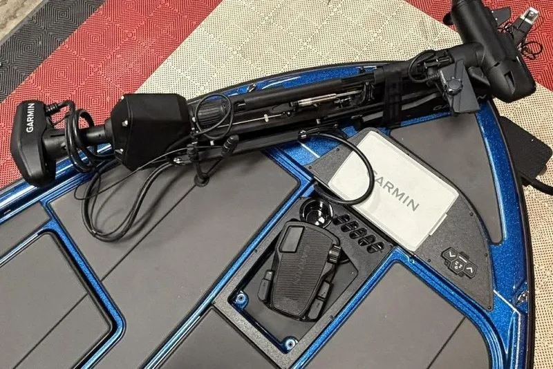 Slide: The Image of 2026 Nitro Z20 XL Pro boat deck with Garmin electronics and foot pedal controls. - 4