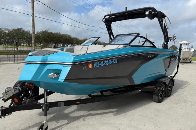 Slide: The Image of 2023 Heyday WT-2DC boat in vibrant blue on a trailer, parked outdoors. - 3