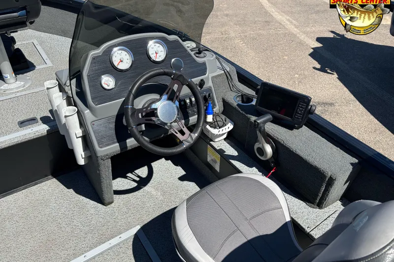 Slide: The Image of 2019 Starcraft Stealth 166 SC boat dashboard with steering wheel and gauges. - 21