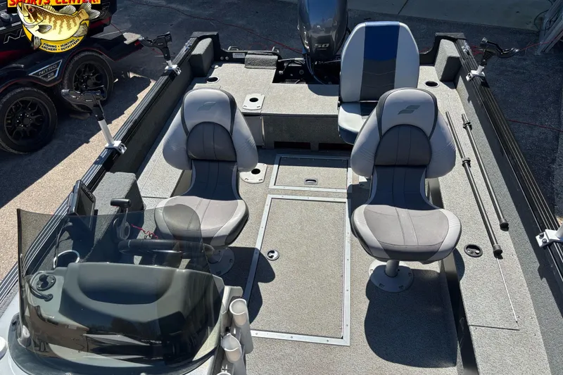 Slide: The Image of 2019 Starcraft Stealth 166 SC boat interior with two seats and steering console. - 22