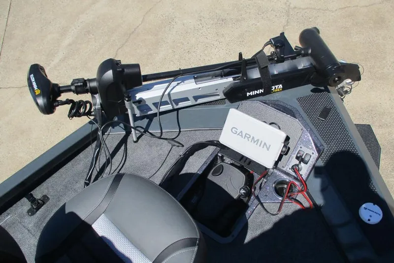 Slide: The Image of 2026 Ranger RT188P boat deck with Minn Kota trolling motor and Garmin navigation system. - 8