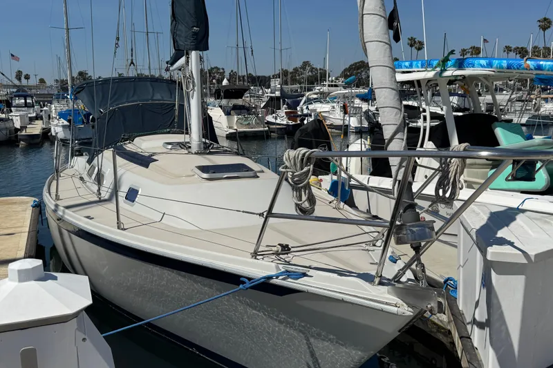 The Image of 1989 Ericson Sloop sailboat docked in a marina, surrounded by other boats. - 0