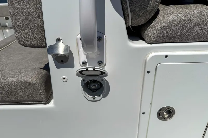 Slide: The Image of Close-up of 2025 Sea Hunt Ultra 275 SE boat seating and hardware details. - 45