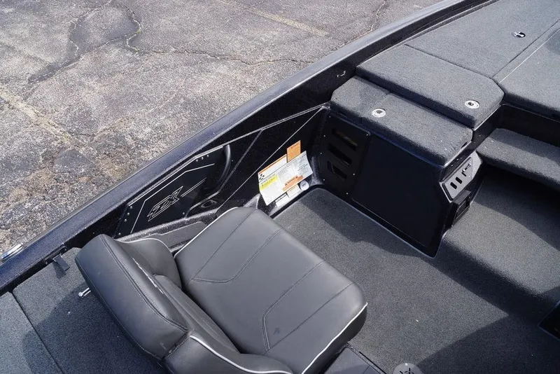 Slide: The Image of 2022 Skeeter ZX225 boat interior with black seating and storage compartments. - 20