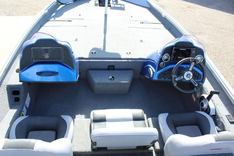 Slide: The Image of 2019 Alumacraft XB 200 boat interior with dual consoles and steering wheel. - 13