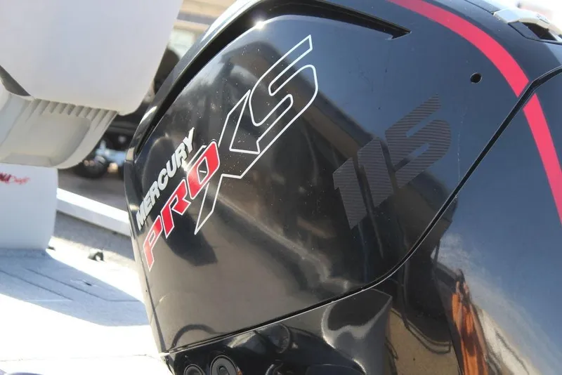 Slide: The Image of Mercury Pro XS 115 engine on 2019 Alumacraft XB 200 boat, close-up view. - 5