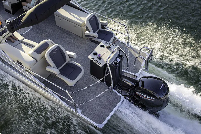 Slide: The Image of Manufacturer Provided Image: 2022 Barletta Cabrio 22CC pontoon boat with Mercury outboard engine on water. - 16