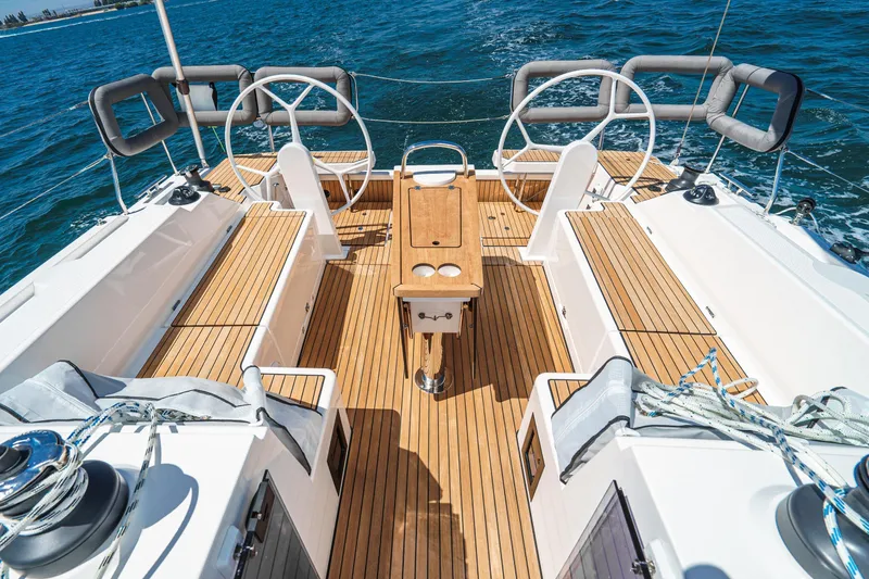 Slide: The Image of 2023 Bavaria C42 yacht cockpit with dual steering wheels and teak decking on open water. - 23