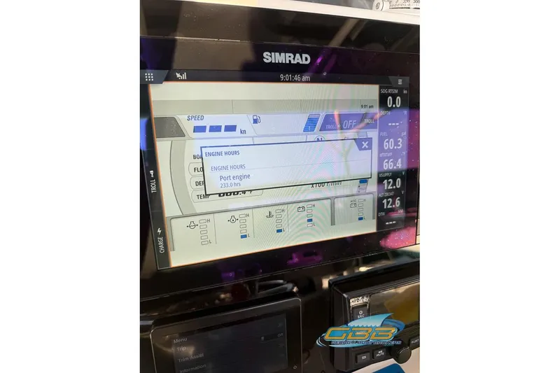 Slide: The Image of Simrad display on 2022 NauticStar 251 Hybrid showing engine hours and speed data. - 29