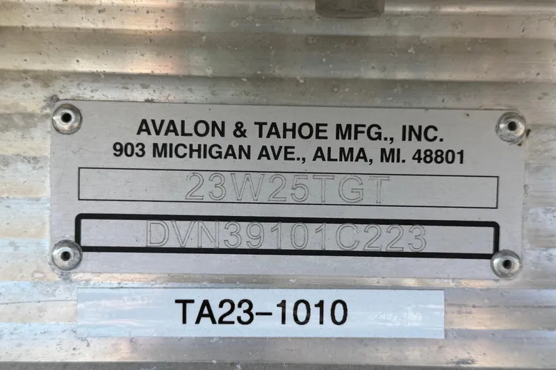 Slide: The Image of 2023 Tahoe Pontoon GT 2385 RF manufacturer plate, Avalon & Tahoe MFG, Alma, MI. - 79
