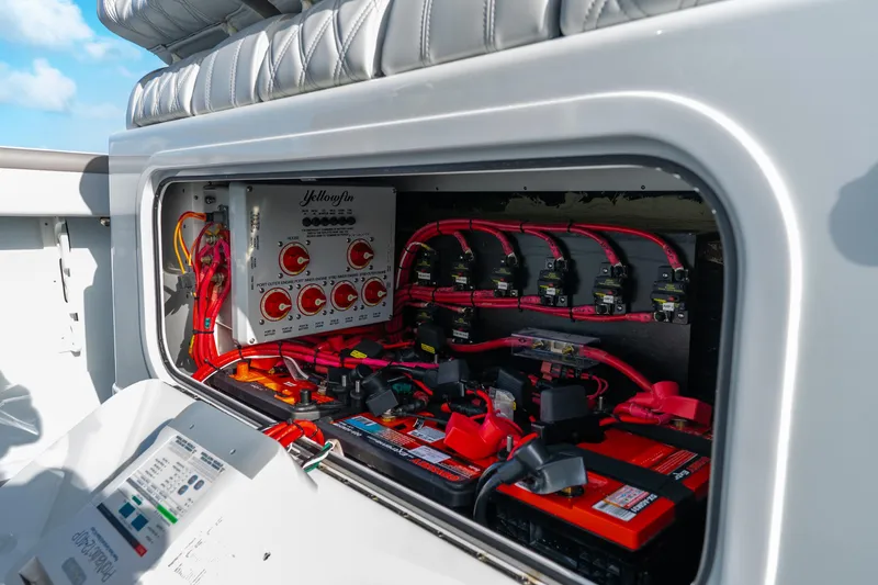 Slide: The Image of Electrical system of 2024 Yellowfin 39 Offshore boat, showcasing wiring and battery setup. - 46