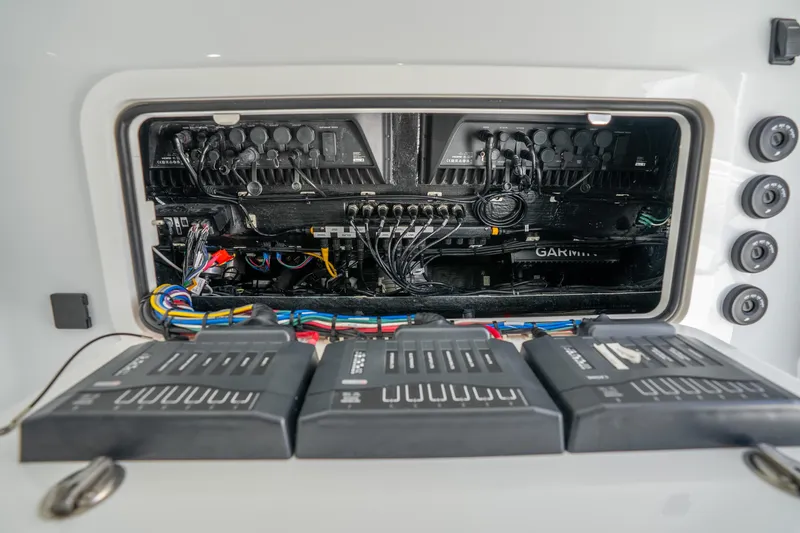Slide: The Image of Electrical panel of 2024 Yellowfin 39 Offshore boat, showcasing wiring and control systems. - 48