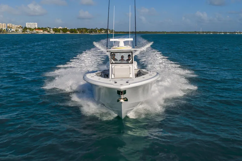 Slide: The Image of 2024 Yellowfin 39 Offshore boat cruising on open water, showcasing speed and performance. - 5