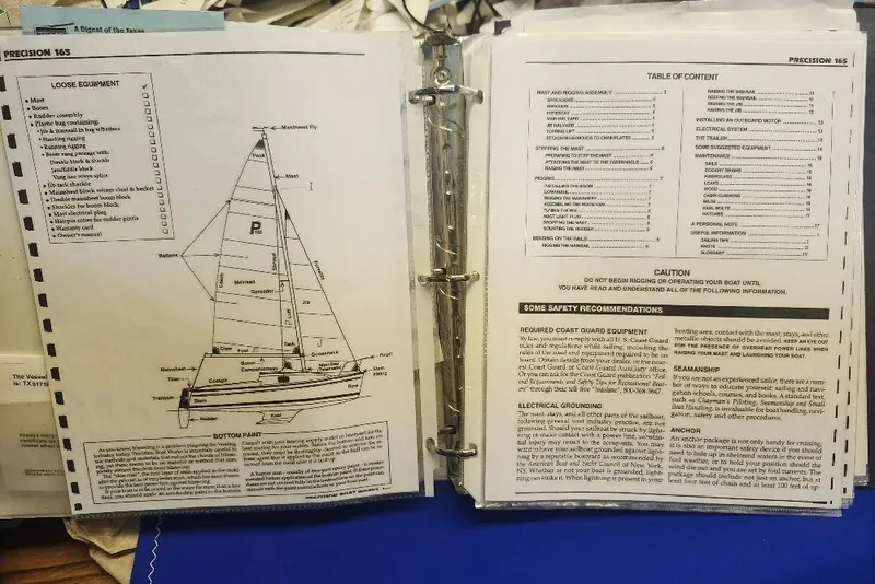 Slide: The Image of Manual pages for Precision 165 sailboat, featuring equipment list and safety recommendations. - 13