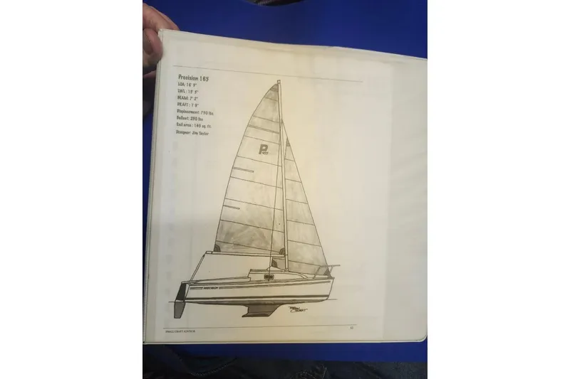 Slide: The Image of Blueprint of a 1996 Precision 165 sailboat with specifications and design details. - 14