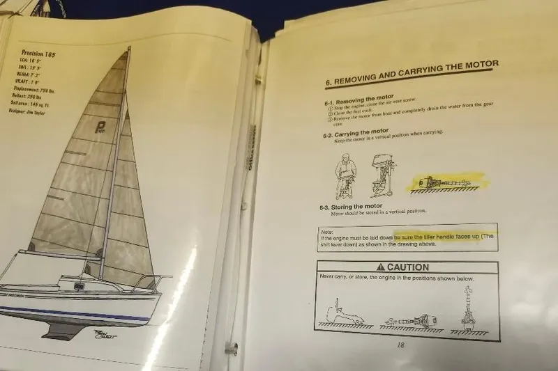 Slide: The Image of Manual pages for Precision 165 sailboat, detailing motor removal and storage instructions. - 15
