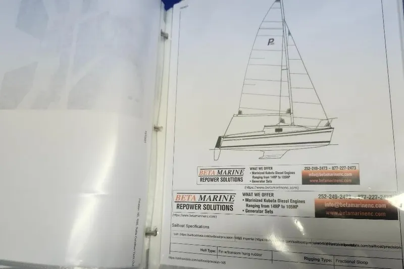 Slide: The Image of Binder with Precision 165 sailboat diagram and Beta Marine repower solutions advertisement. - 16