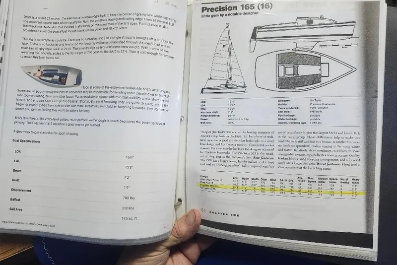 Slide: The Image of Open book showing Precision 165 sailboat specifications and design illustrations, 1996 model. - 20