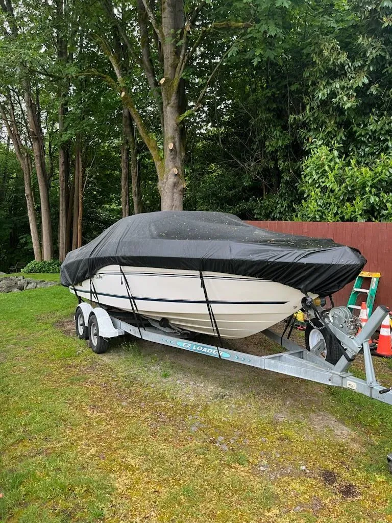 Slide: The Image of 1998 Sea Ray 210 Bow Rider on trailer, covered in garden. - 2