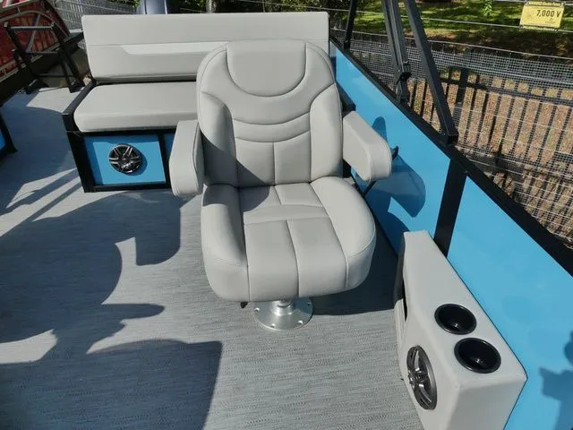 Slide: The Image of Interior of Godfrey Pontoons Xperience 2086 SFLX 2026 with gray seating. - 7
