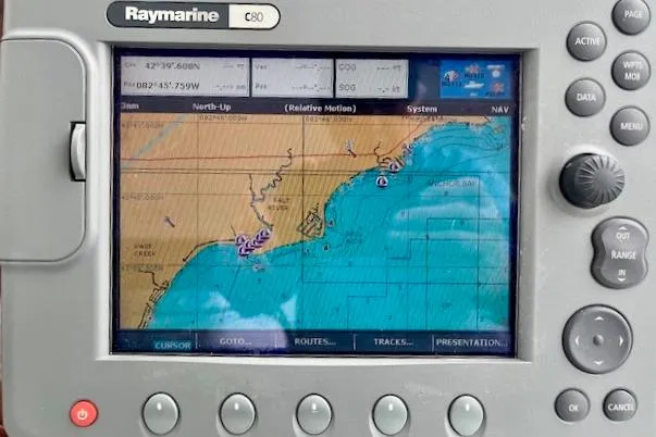 Slide: The Image of Raymarine C80 navigation display showing coastal map on a 2005 Formula 37 Performance Cruiser. - 28