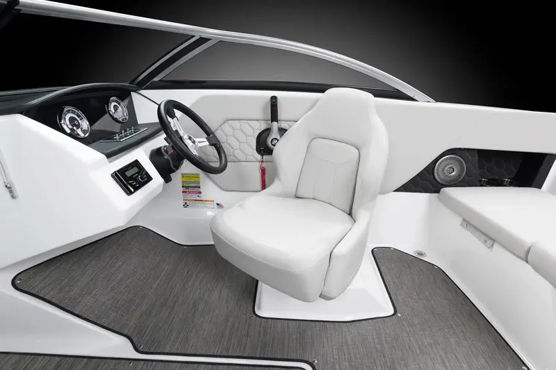 Slide: The Image of Manufacturer Provided Image: Interior of 2026 Four Winns H1 Freedom boat, featuring sleek white seating and modern dashboard. - 5