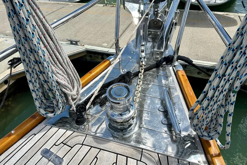 Slide: The Image of Bow of 2012 Hylas 56 yacht with winch, ropes, and polished deck. - 11