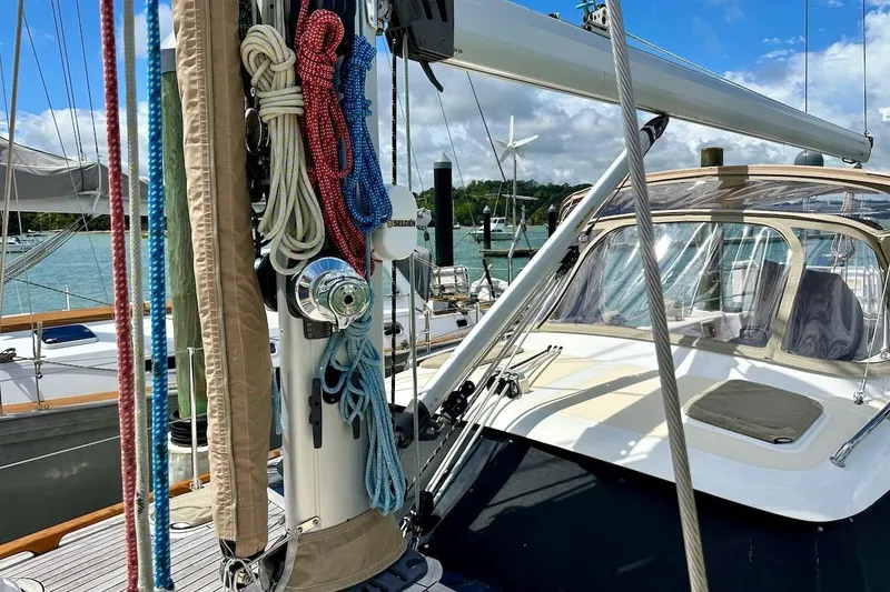 Slide: The Image of Sailing yacht Hylas 56, 2012 model, docked with rigging and ropes visible. - 15