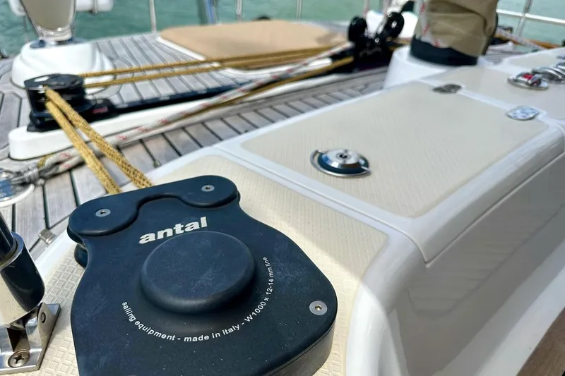 Slide: The Image of Deck of 2012 Hylas 56 yacht featuring Antal sailing equipment and rigging details. - 18