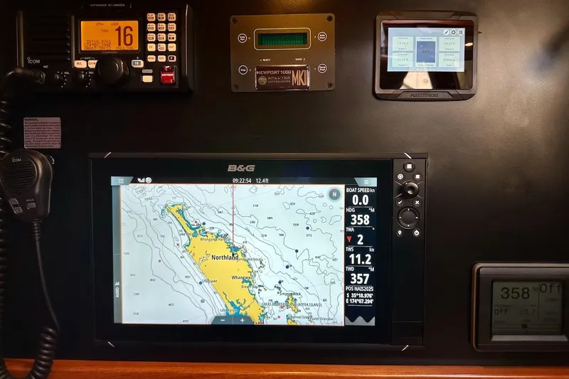 Slide: The Image of Navigation equipment on a 2012 Hylas 56 yacht, featuring a B&G chartplotter. - 33