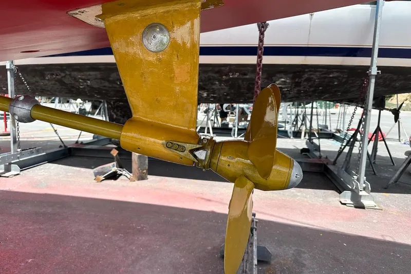 Slide: The Image of Close-up of a 2012 Hylas 56 sailboat propeller and shaft in a boatyard. - 46