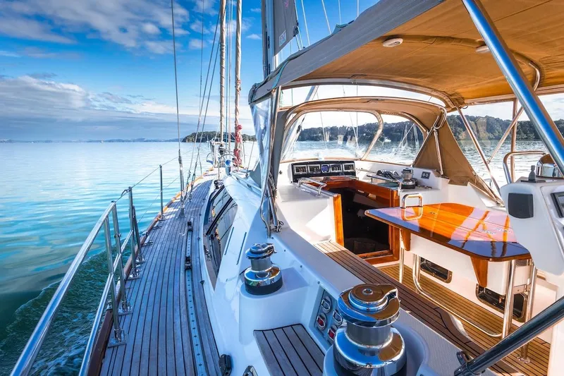 Slide: The Image of Luxurious 2012 Hylas 56 yacht with elegant deck and serene ocean view. - 8