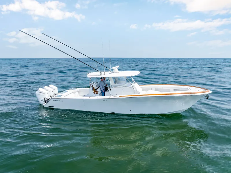 Slide: The Image of 2026 Front Runner 39 Center Console on open sea. - 2