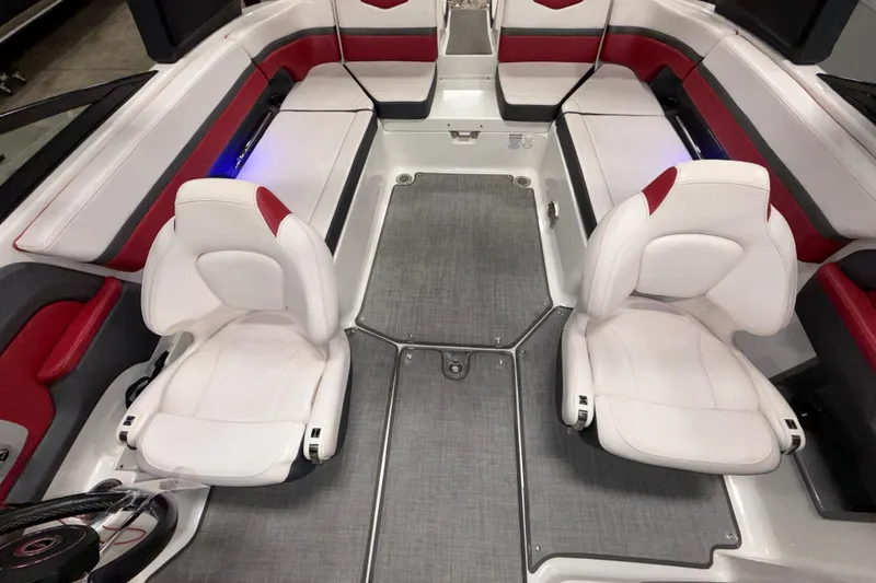 Slide: The Image of 2019 Chaparral Vortex 2430 VRX Wake Series boat interior with white and red seating. - 14