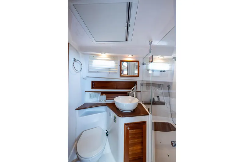 Slide: The Image of Luxurious bathroom interior of 2015 Sabre 38 Salon Express yacht with modern fixtures. - 16