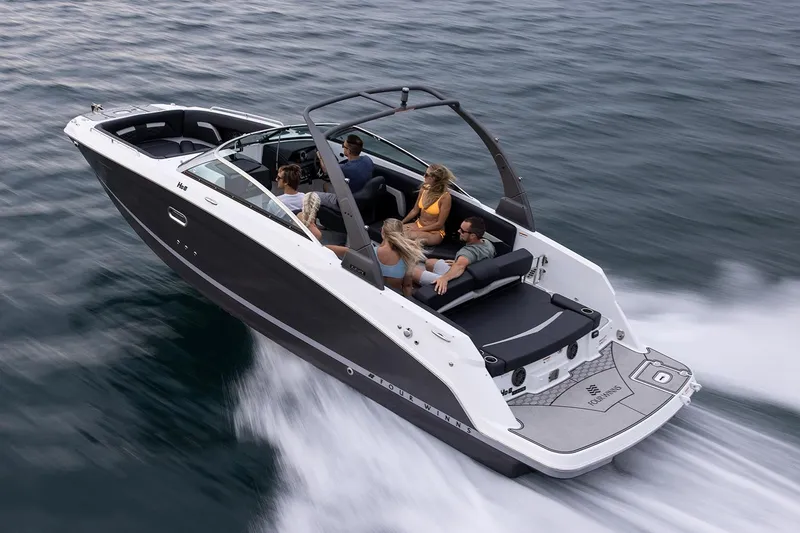 Slide: The Image of Manufacturer Provided Image: 2025 Four Winns HD8 boat cruising on water with passengers enjoying the ride. - 3