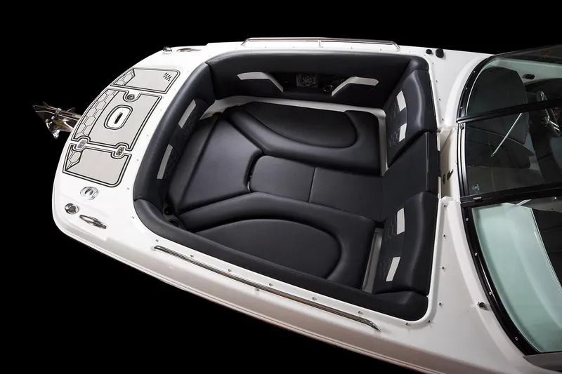 Slide: The Image of Manufacturer Provided Image: 2025 Four Winns HD8 boat interior with sleek black seating and modern design. - 4