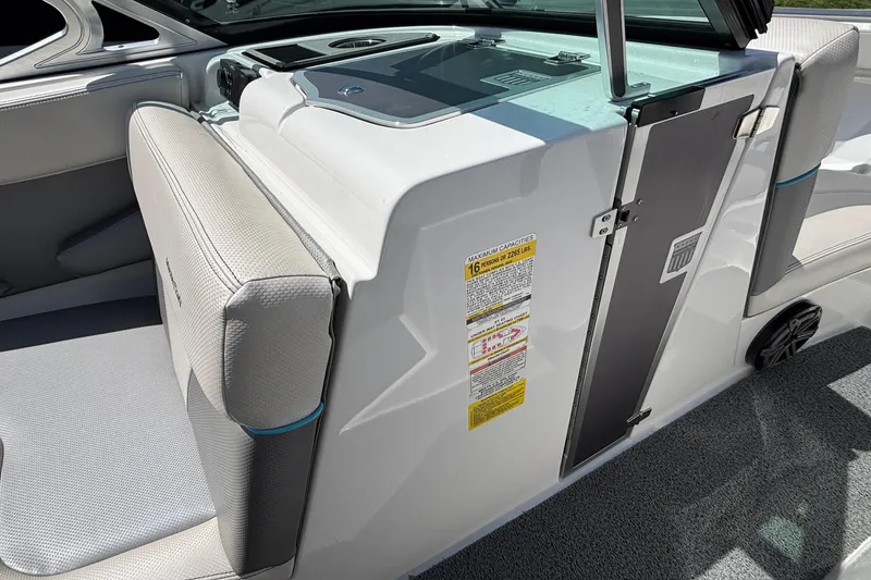 Slide: The Image of 2017 MasterCraft XT23 boat interior with seating and capacity label. - 41