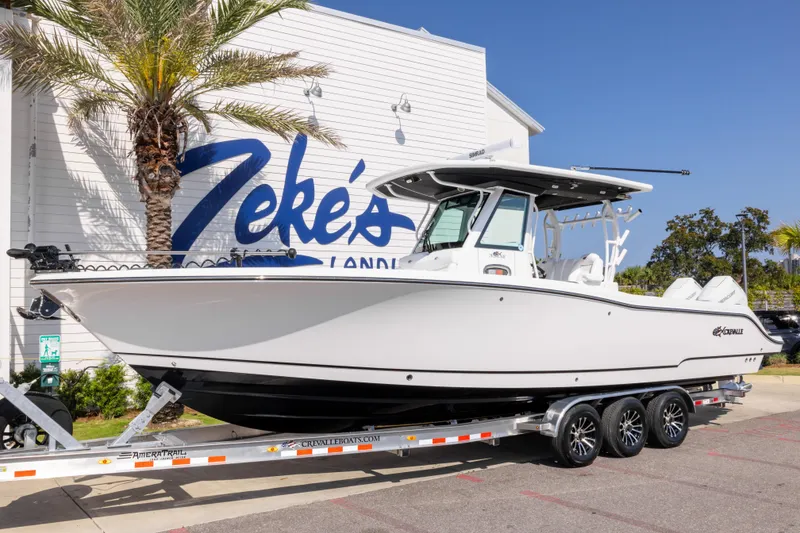 The Image of 2026 Crevalle 33 CSF boat on trailer at Zeke's Landing, sunny day. - 0