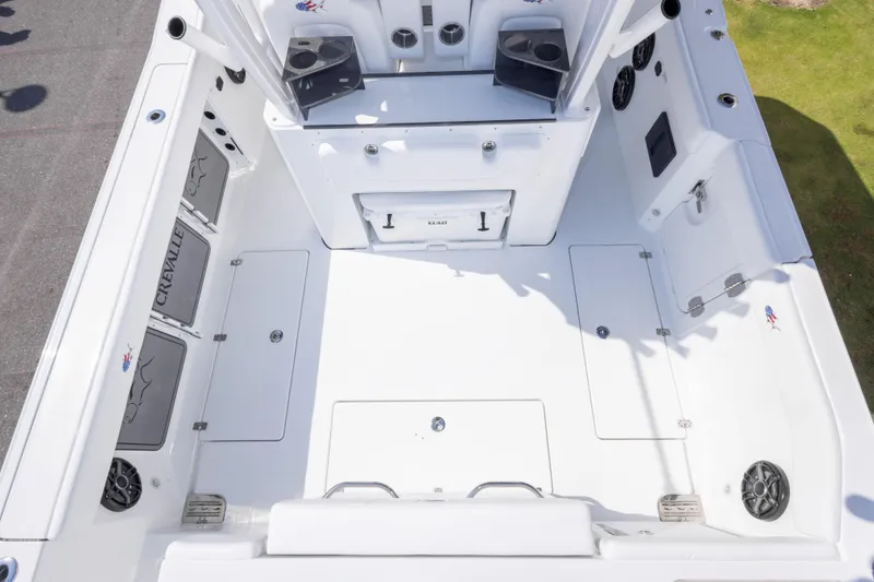 Slide: The Image of 2026 Crevalle 33 CSF boat interior with spacious deck and storage compartments. - 38