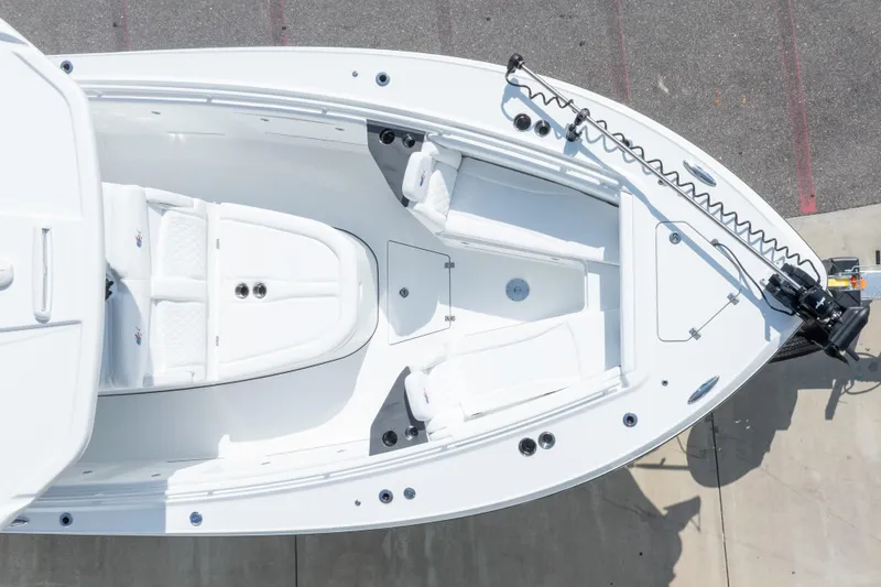 Slide: The Image of 2026 Crevalle 33 CSF boat, aerial view of spacious white deck and seating. - 6