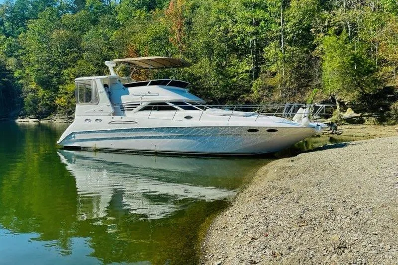 The Image of 1996 Sea Ray 420 Aft Cabin yacht docked by a serene forested shoreline. - 0