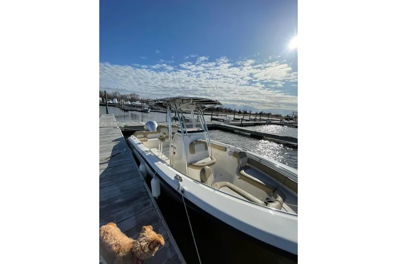 Slide: The Image of 2017 Key West 239 FS boat docked under a sunny sky with a dog nearby. - 2