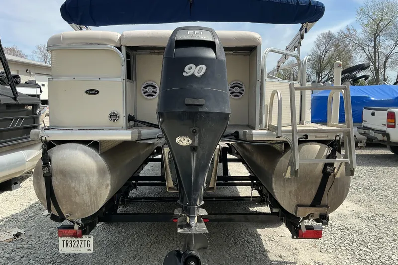 Slide: The Image of 2008 Misty Harbor 2285GM Grand Mistique pontoon boat with 90 HP engine, rear view. - 5