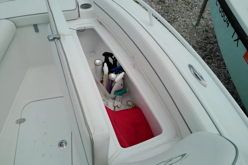 Slide: The Image of Storage compartment on 2023 Glasstream 240 CC boat with cleaning supplies. - 17