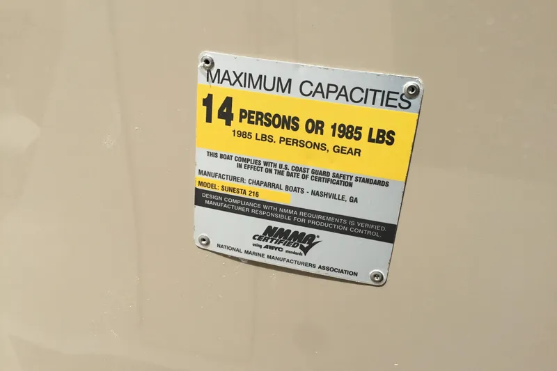 Slide: The Image of Capacity label for 2005 Chaparral Sunesta 216, max 14 persons or 1985 lbs. - 13