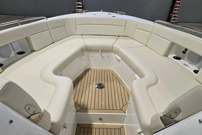 Slide: The Image of Luxurious seating area on 2026 MJM 3 boat with elegant wood flooring. - 14