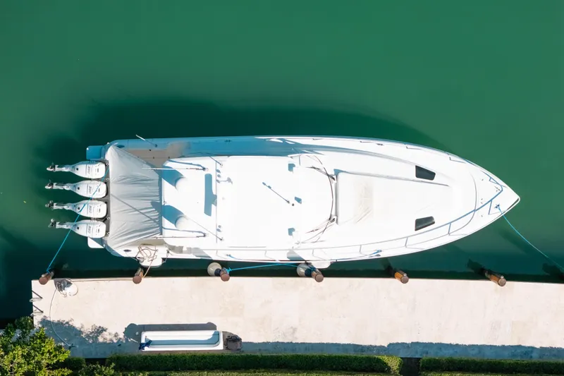 Slide: The Image of Aerial view of 2009 Intrepid 475 Sport Yacht docked in calm waters. - 39